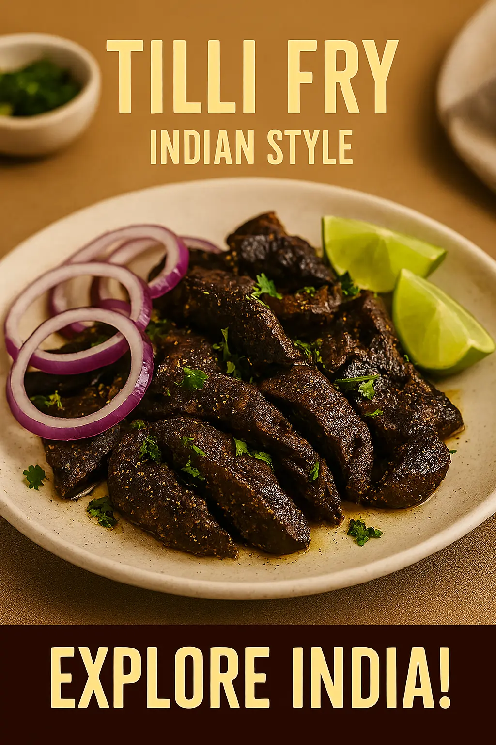 A spicy and aromatic Indian Tilli Fry (spleen fry) in a skillet.